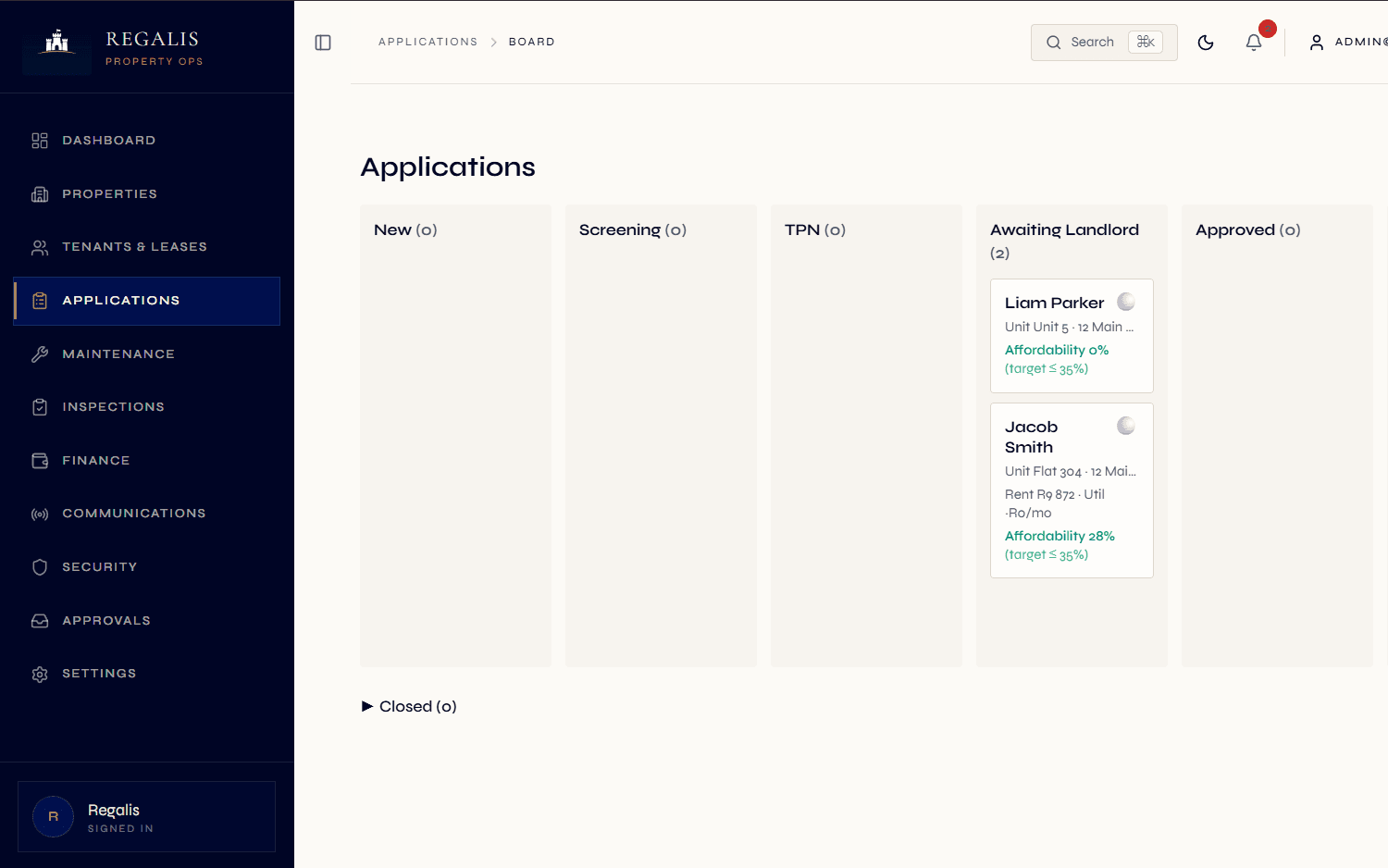 Applications pipeline with TPN screening, reviewer assignment, and stage tracking
