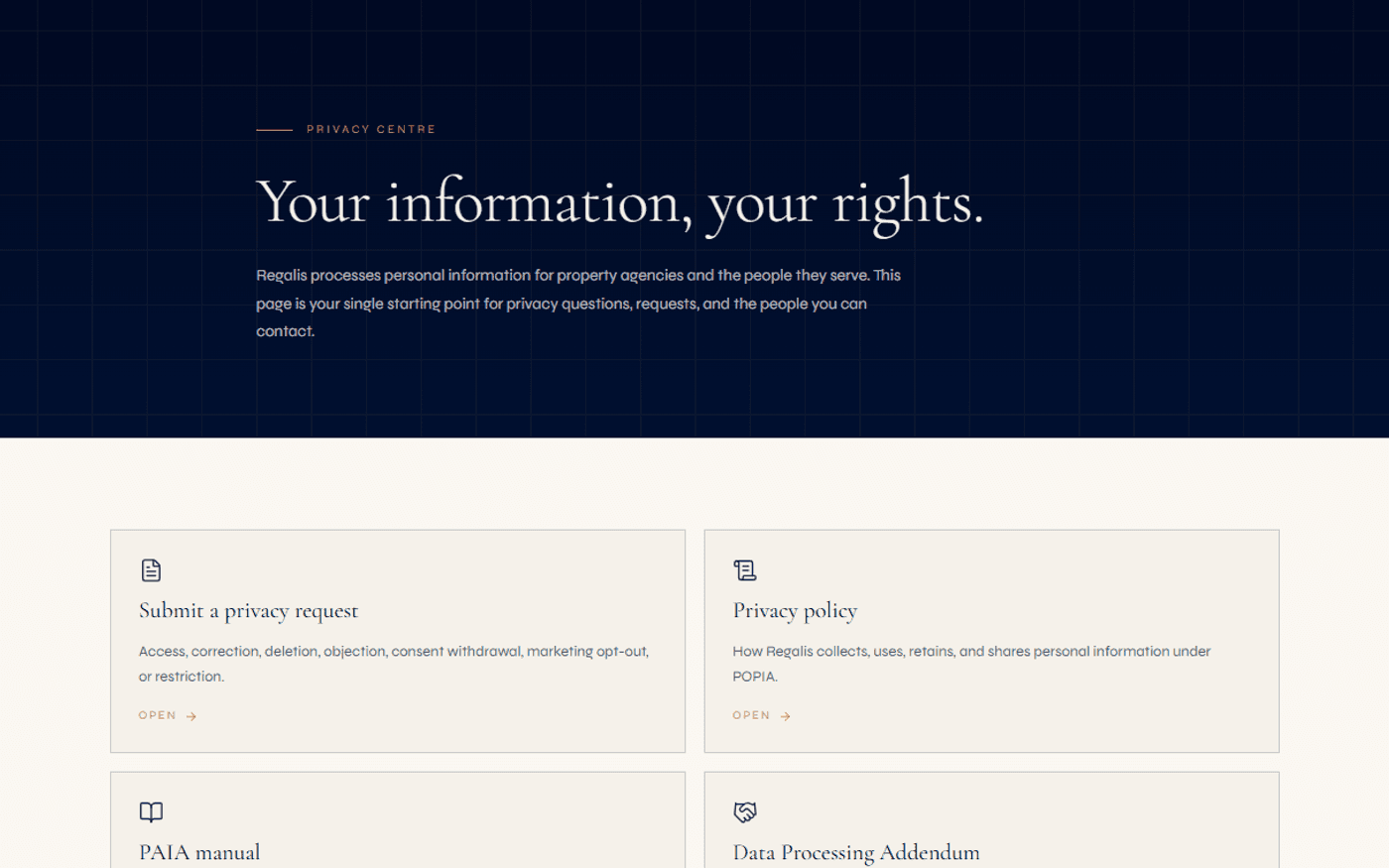 Regalis privacy centre — Information Officer, data-subject requests, retention policy and breach workflow