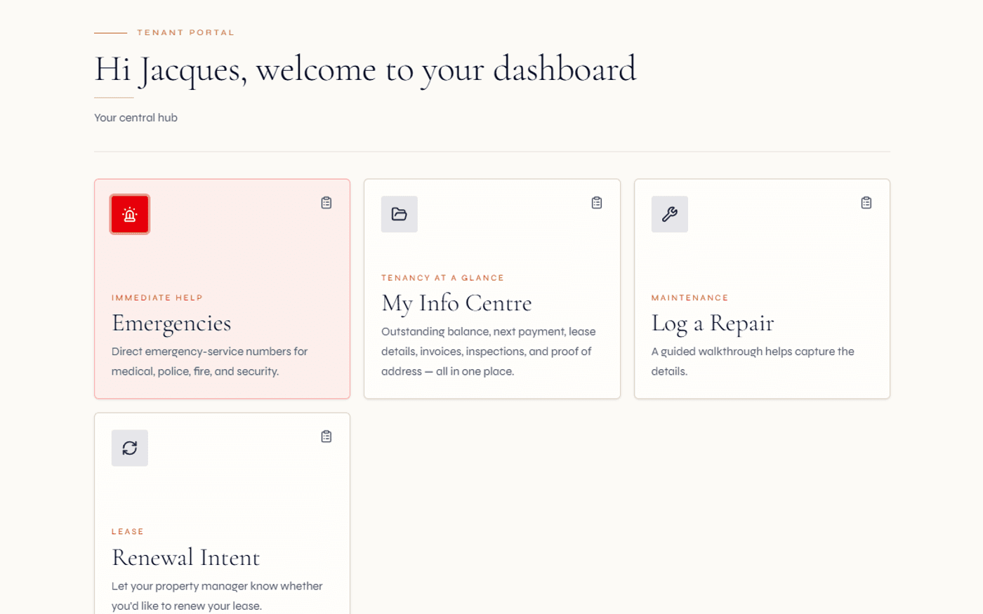 Tenant portal home — lease, balance, repairs, renewal intent, access codes and emergency action